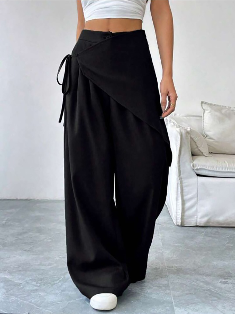 Pantalon de costume élégant asymétrique pour femme, taille haute, coupe ample, jambe large, avec lacets, taille élastique, décontracté