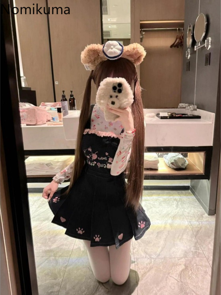 Vêtements japonais pour femmes, tenue douce, ensemble 2 pièces, col rond imprimé, t-shirt à manches longues, taille Slim, robes plissées, costume doux