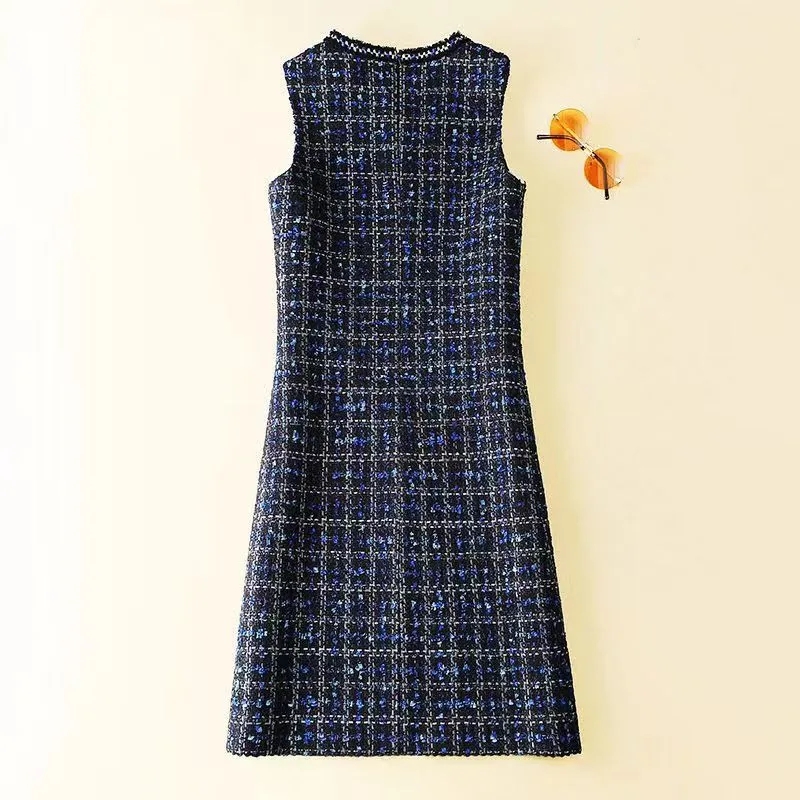 Nouvelle Robe sans Manches en Laine Printemps-Automne 2026 pour Femme, Style Petite Fragrance, Col Rond, Gilet Long Moyen Socialite