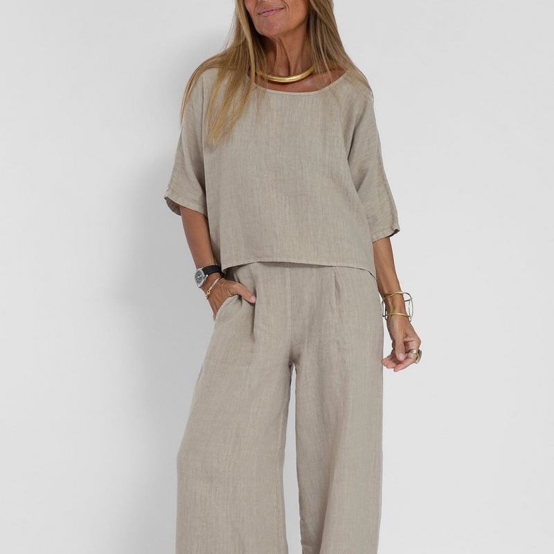 Ensembles 2 pièces pour femmes – Nouveauté été 2026 – Tenue décontractée ample unie avec haut à manches courtes et pantalon en coton et lin – Vêtements pour femmes