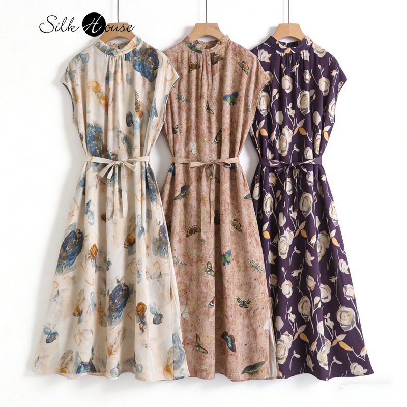 Nouvelle Robe Imprimée à Manches Courtes et Col Montant en Crêpe de Chine 100% Soie de Mûrier Naturelle pour Femme – Collection Été 2026