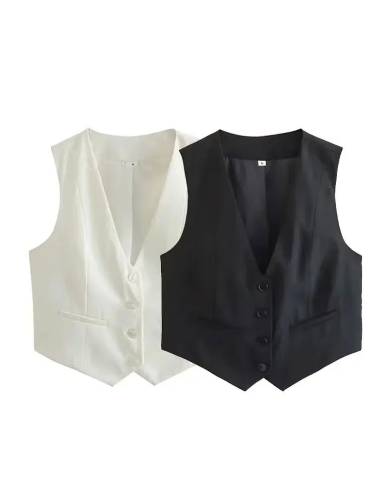 HH mode femmes gilet sans manches gilets pour femmes Chic col en v simple boutonnage dames élégant blanc gilet hauts