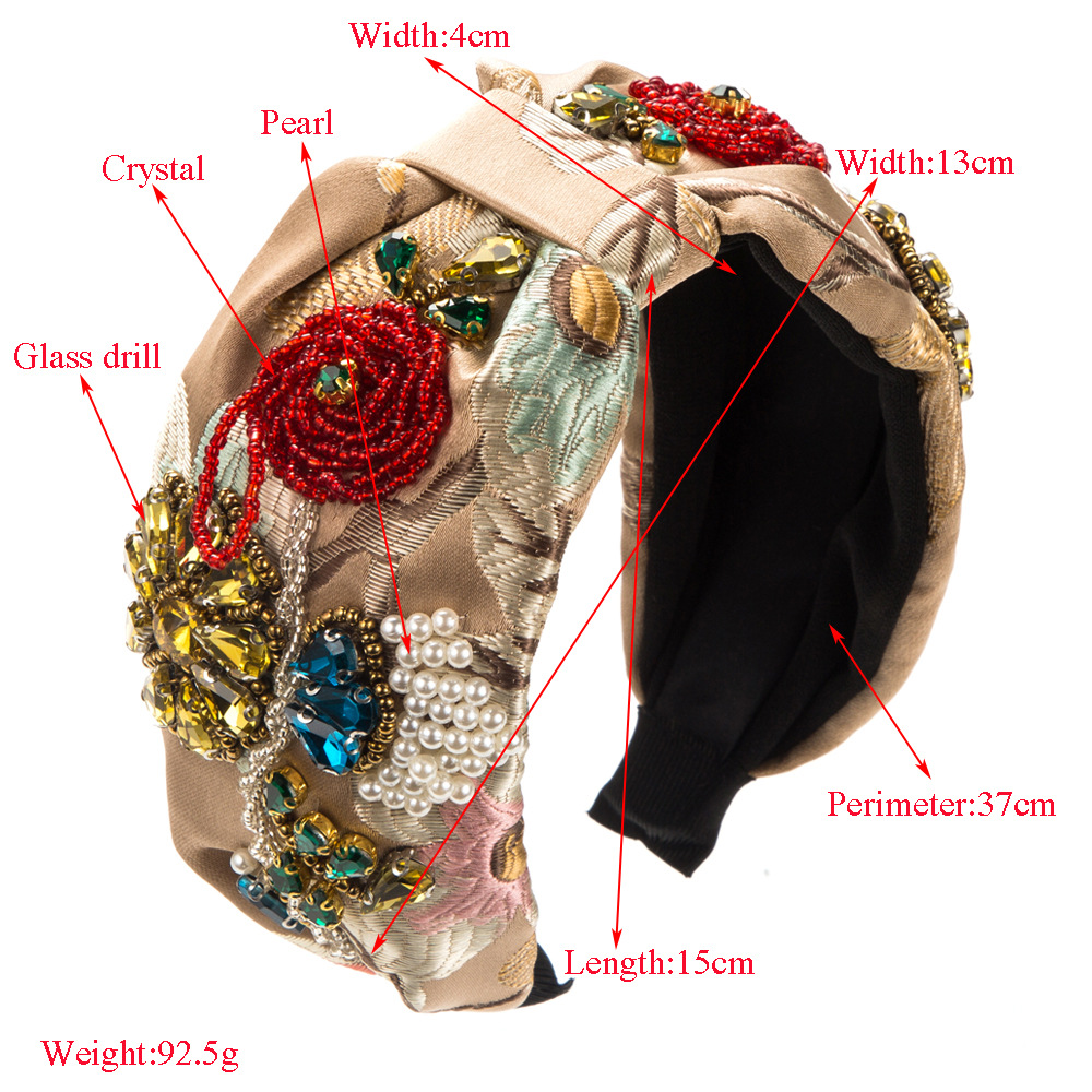 Bandeau à large bord en tissu baroque pour femme, diamant, cristal, fleur, perle, accessoires pour cheveux, style européen et américain, tendance