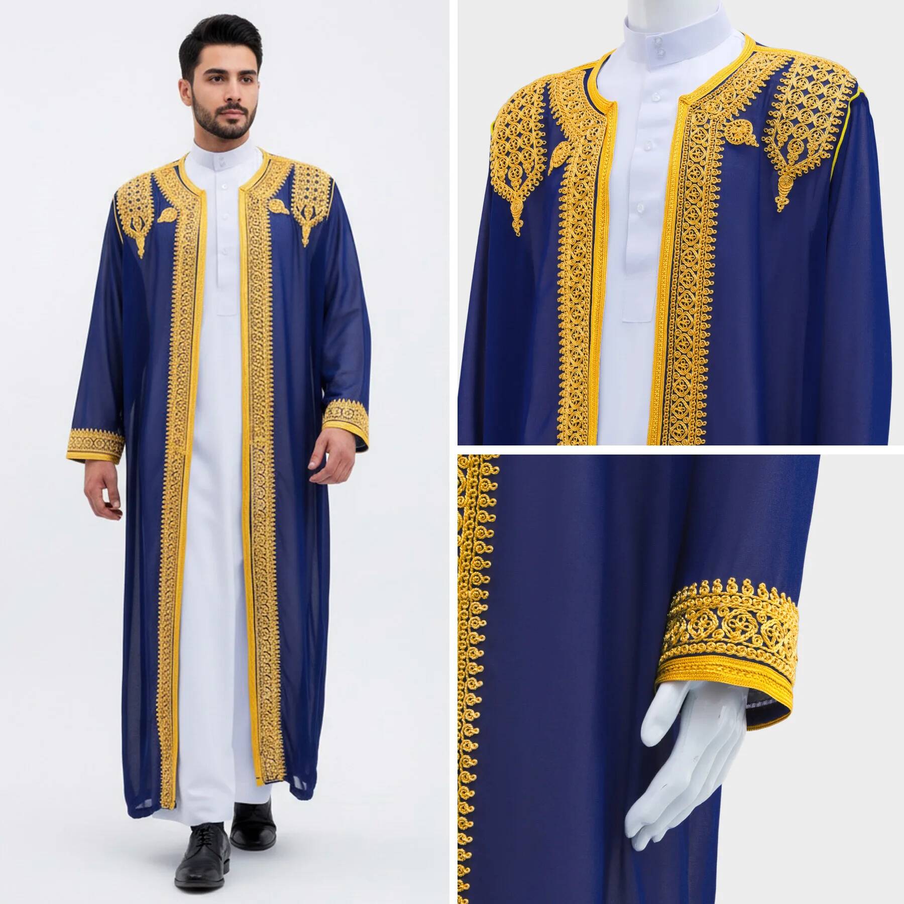 Robe longue traditionnelle arabe brodée en or de luxe pour homme, robe formelle pour homme, style ethnique du Moyen-Orient, fibre de polyester