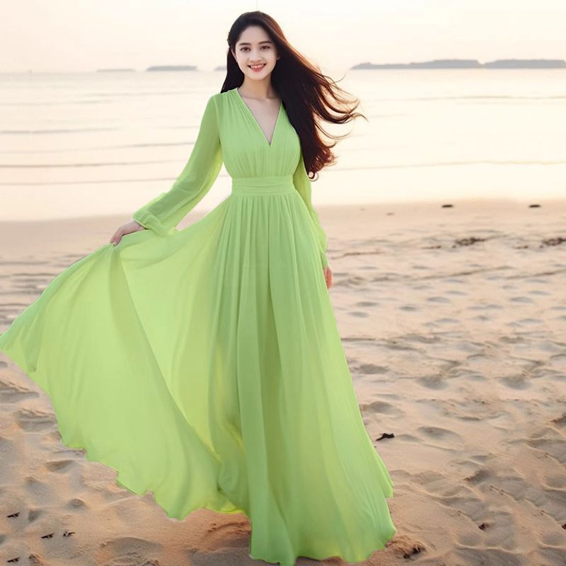 Robe de plage en mousseline de soie pour femmes, nouvelle collection printemps été, manches longues, Sanya, vacances à la plage, élégante, super féerique, longue, grande balançoire