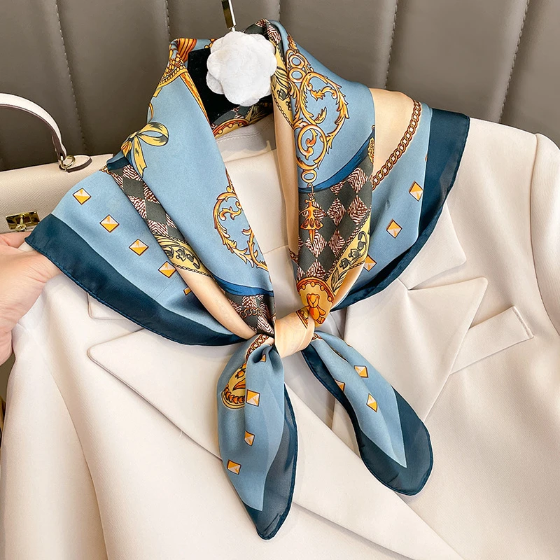 Foulard carré à carreaux en soie pour femmes, marque de luxe, Satin, cravate pour cheveux, bande de travail douce, nouvelle tête Hijab, 2021