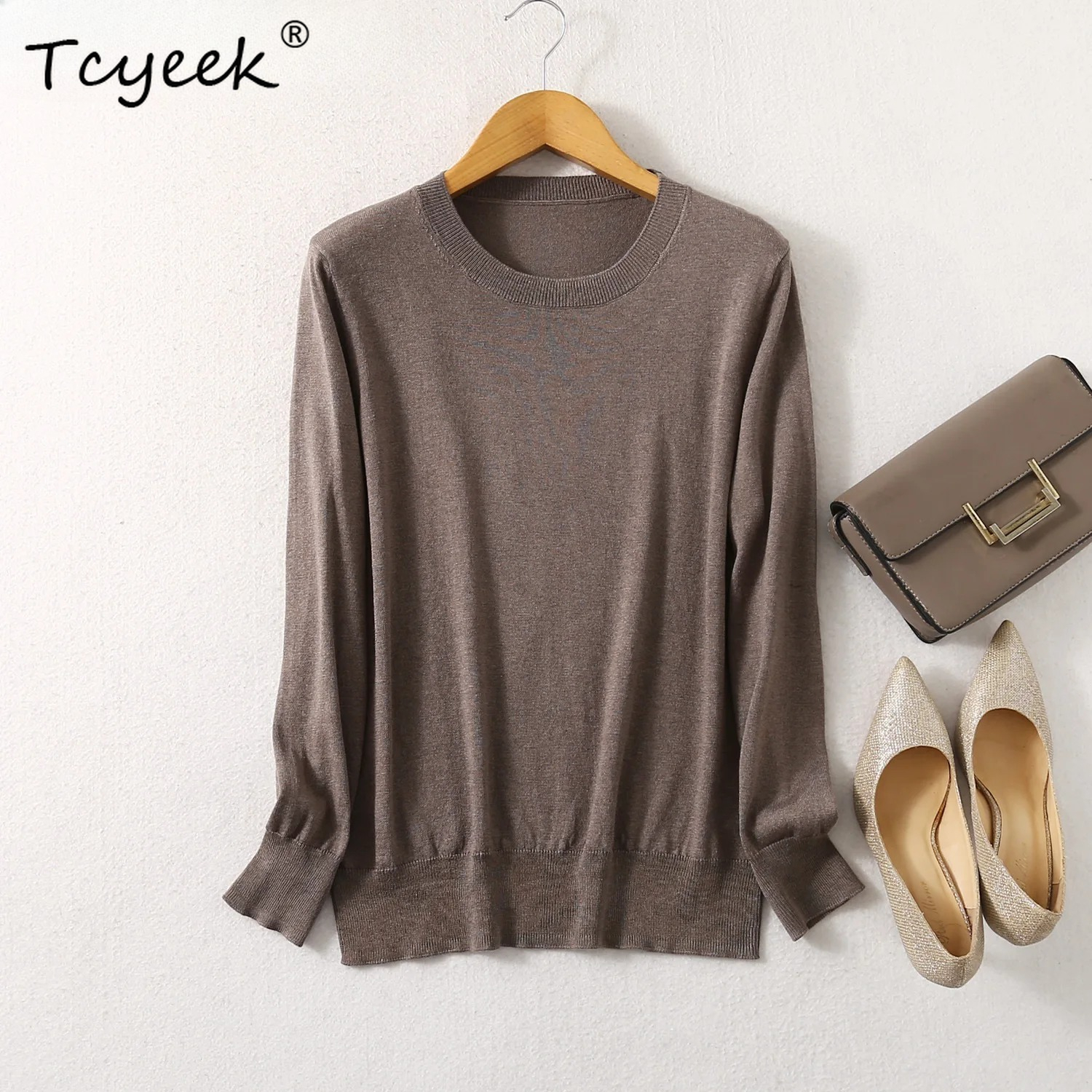 Tcyeek – pull à manches longues pour femmes, 85% soie de mûrier, 15% cachemire, col rond, chemise à manches longues pour tous les jours, JN541-1