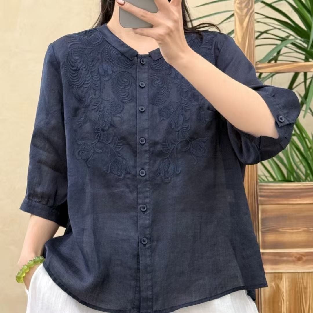 Chemisier brodé boutonné pour femme, manches 3/4, style lin léger, broderie florale, coupe décontractée, haut d'été