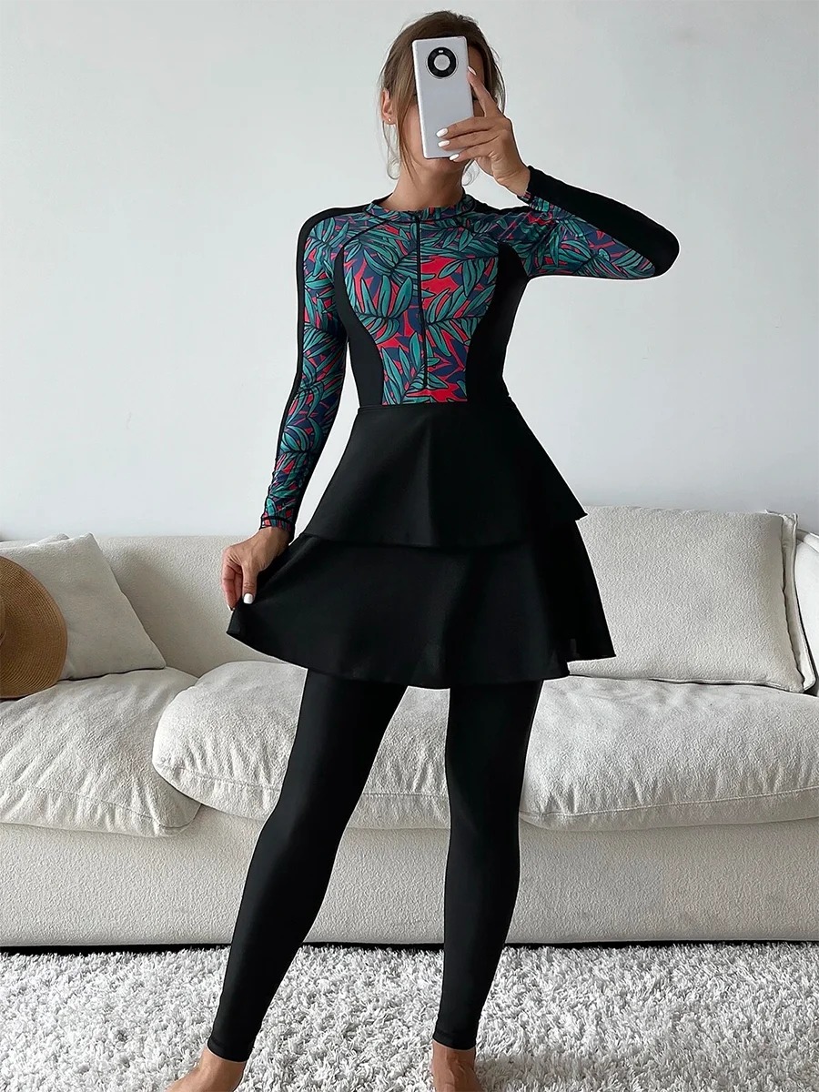Burkini islamique à manches longues pour femmes, maillot de bain musulman, hijab, pantalon, haut léopard, modeste, ensemble de 3 pièces