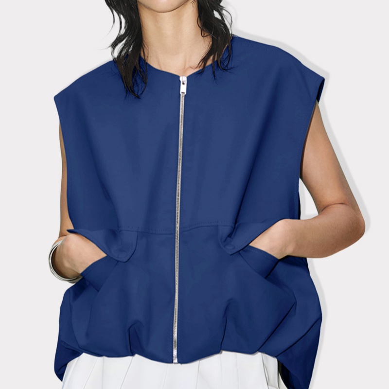 Gilets cargo à col rond pour femmes, gilet à fermeture éclair en fibre, poche féminine, streetwear décontracté, mode automne, 2024