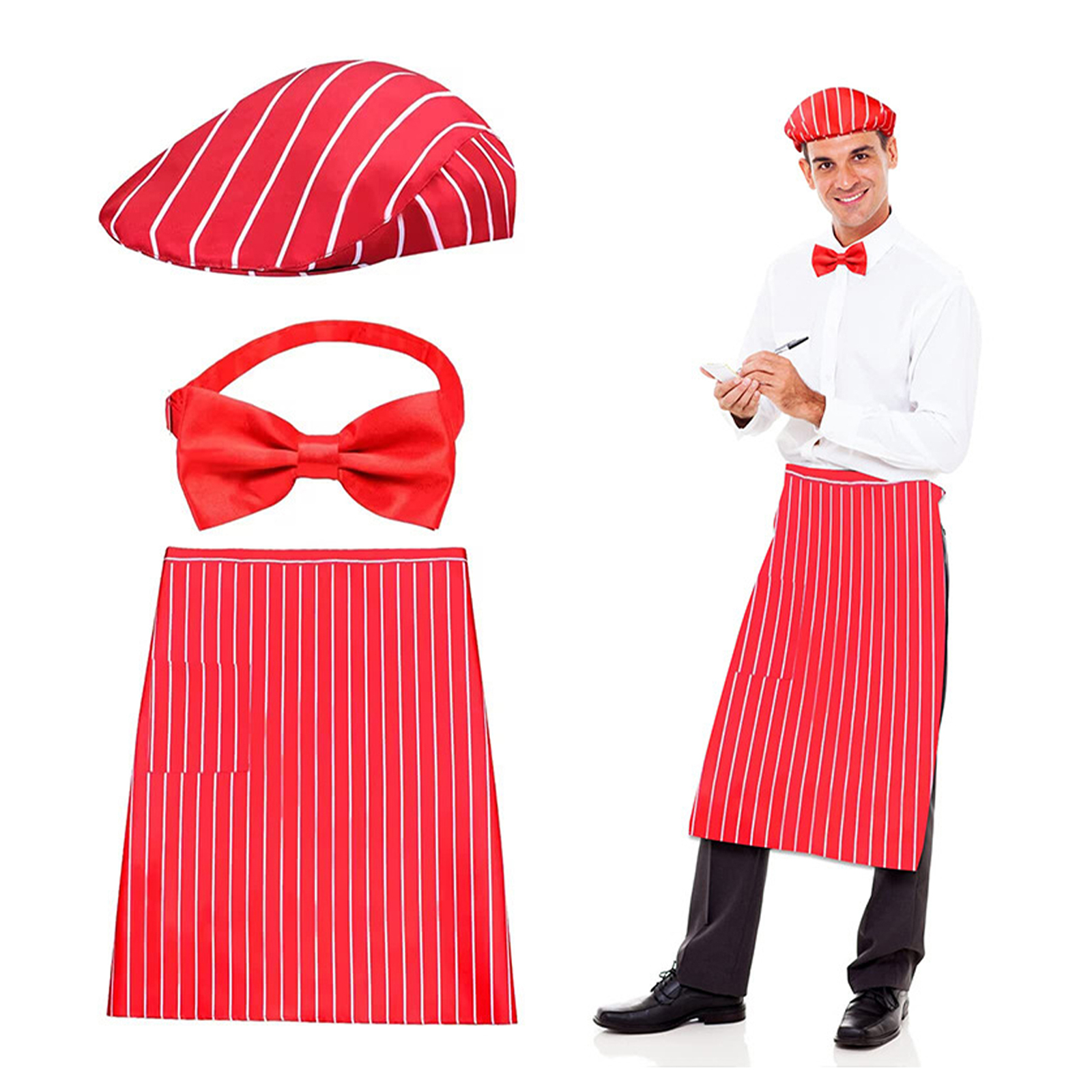 Tenues d'accessoires de costume de ceinture de carnaval pour adultes, tablier à rayures, chapeau et nœud papillon, ensemble LYus