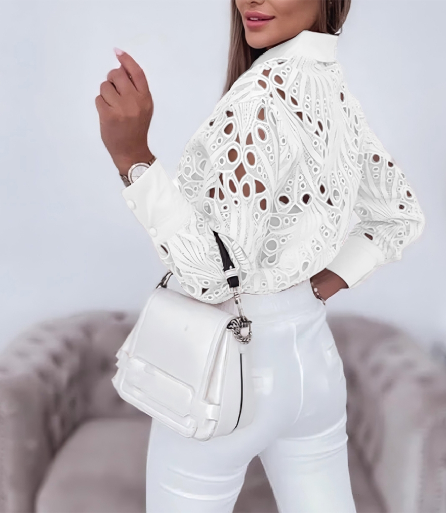 Chemisiers pour femmes chemise à manches longues évidée décontracté solide boutonné avec revers et devant ouvert Camisas Femininas