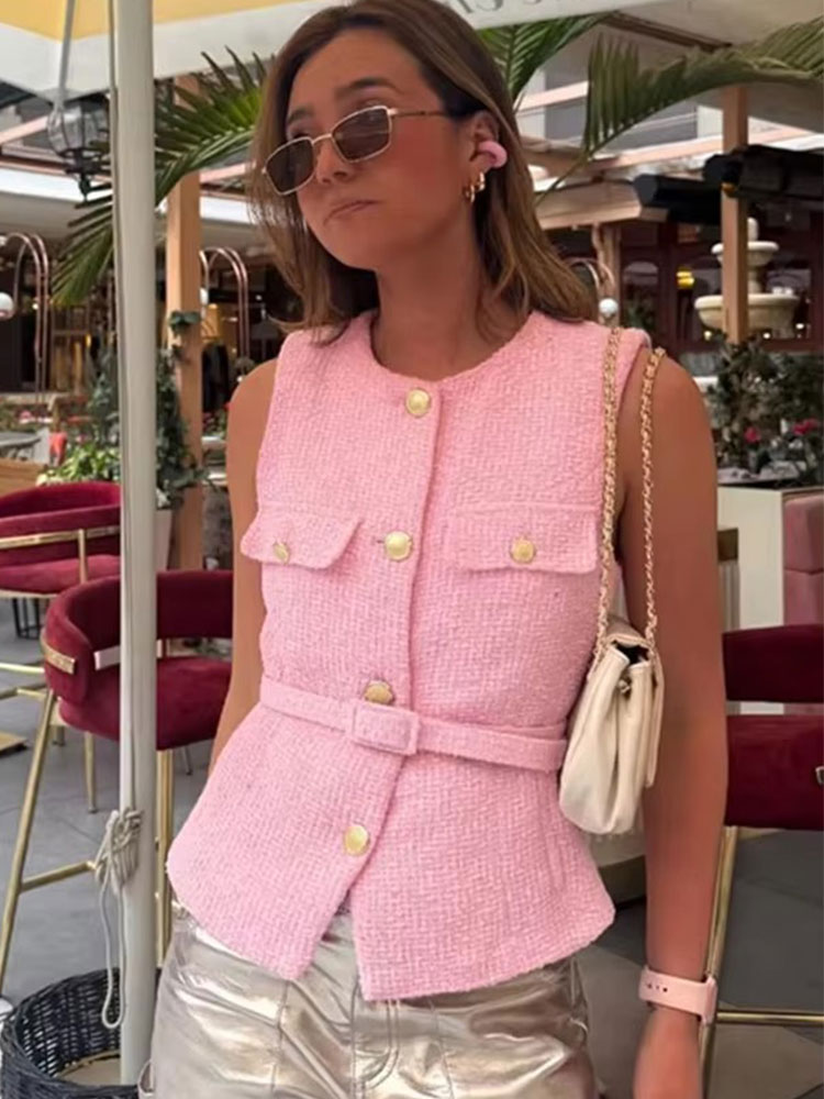 Gilet en tweed rétro élégant pour femme HH, ajusté à la taille, boutonné, sans manches, style classique, décontracté, vintage, pour tenues de fête