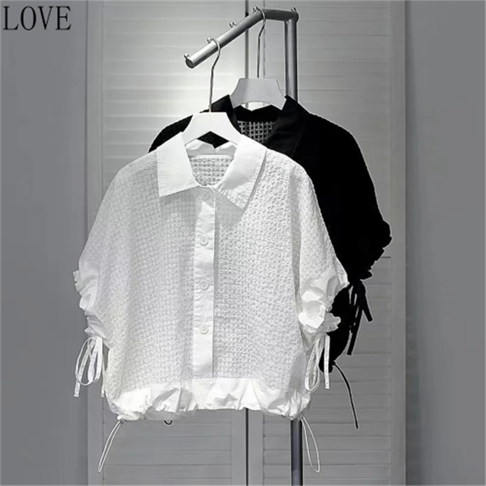 Économie d'été à manches courtes pour femmes, vêtements de haute qualité, chemise à cordon de proximité, conception de fouet, niche, haut court