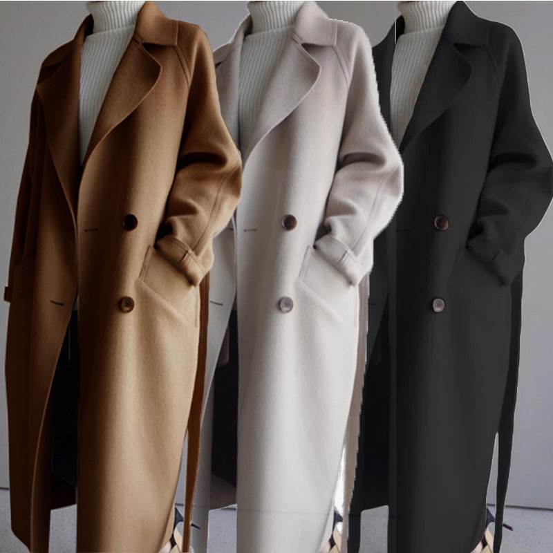 Manteau en laine pour femmes, nouvelle collection automne-printemps 2026, long, tendance, ample, longueur genou, cintré à la taille, en tweed, vêtements pour femmes.