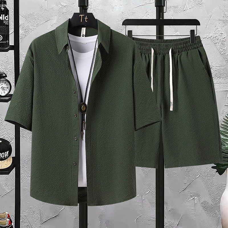 【Chemise + pantalon 5 points】Ensemble chemise à manches courtes pour hommes, mode d'été, couleur unie, en seersucker, ensemble deux pièces ample, simple et polyvalent