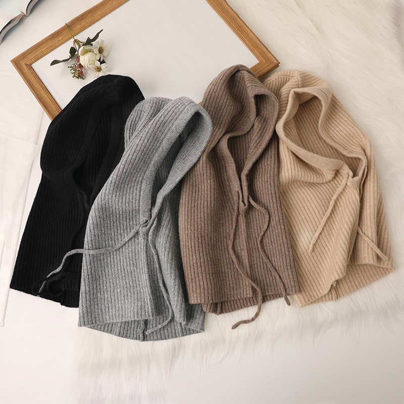 Cagoule tricotée de Style coréen pour femme, chapeau avec capuche à cordon de serrage, une pièce, chauffe-cou, mode plein air, bonnet, hiver
