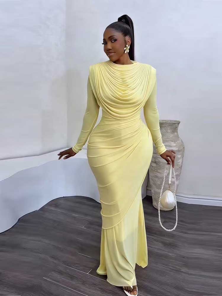 Robe de soirée chic et élégante pour femme, col drapé en maille, manches longues, robe moulante mi-longue, taille haute, robe sexy pour femme