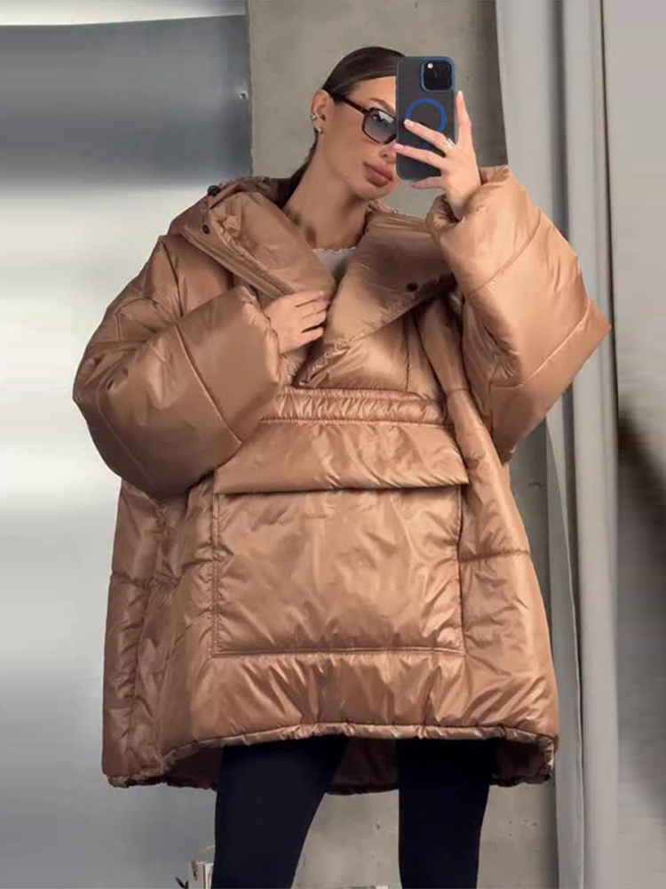 Manteau matelassé surdimensionné à capuche, grandes poches, ourlet à cordon de serrage, manches longues, coupe ample, décontracté, pour femmes, manteaux chauds, tenue polyvalente hiver 2026