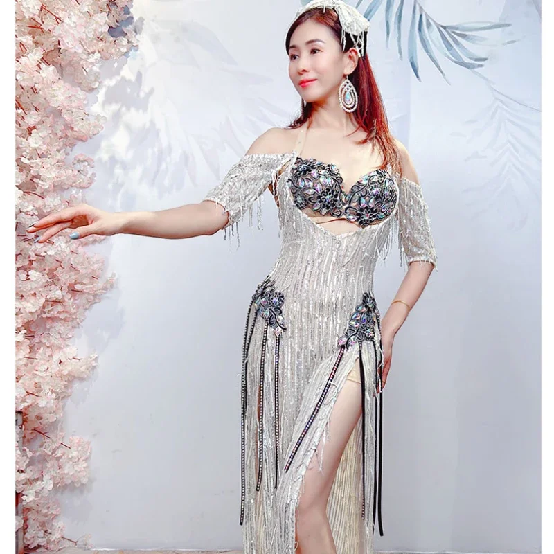 Vêtements de danse du ventre sirène, robe longue Sexy à paillettes pour femmes, Costumes de danse du ventre orientale, tenues de danse, soutien-gorge + jupe