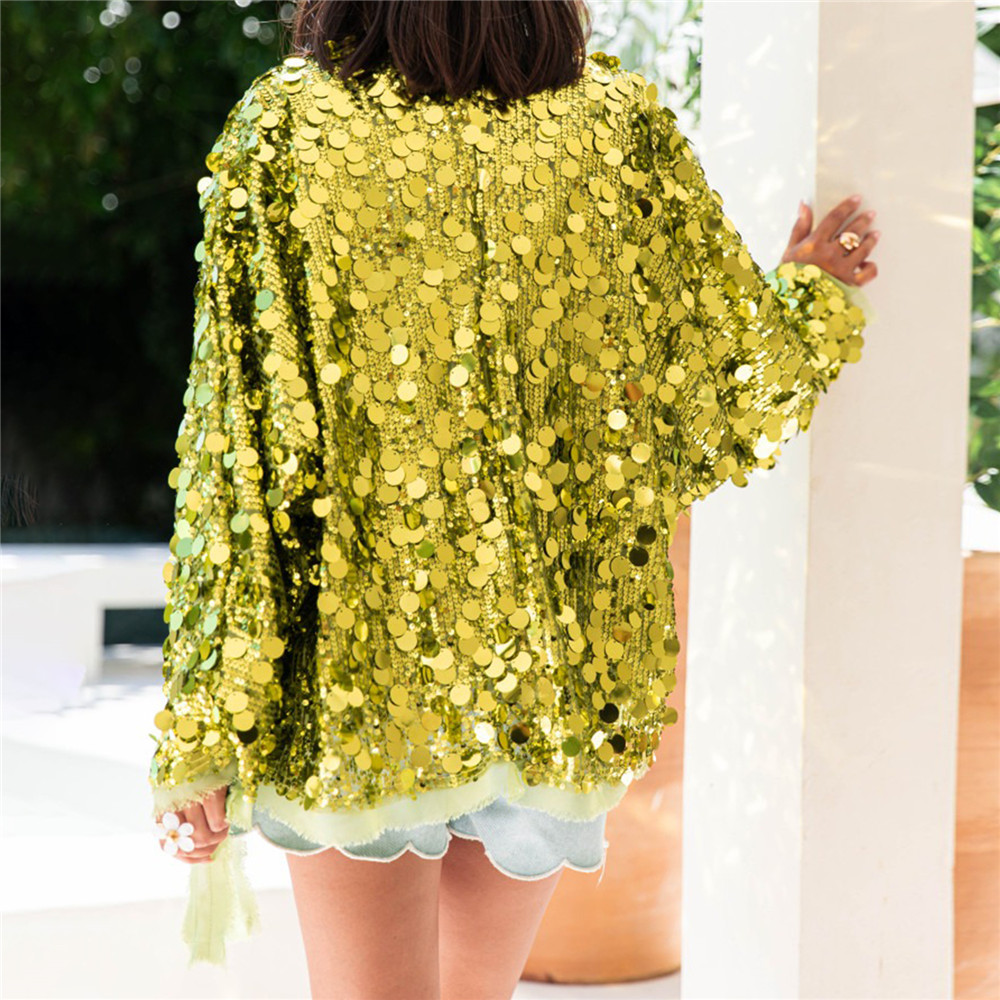 Cardigan à paillettes brillantes pour femmes, tendance, col en V, cravate sur le devant, manteau à manches longues, pull scintillant à la mode, Punk