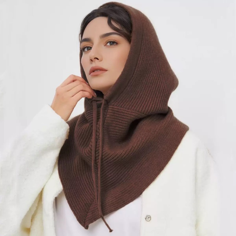 Écharpe à capuche en tricot pour femmes, chapeau intégré, cache-cou, cagoule à cordon de serrage, écharpe-cagoule coupe-vent pour la protection du cou par temps froid.