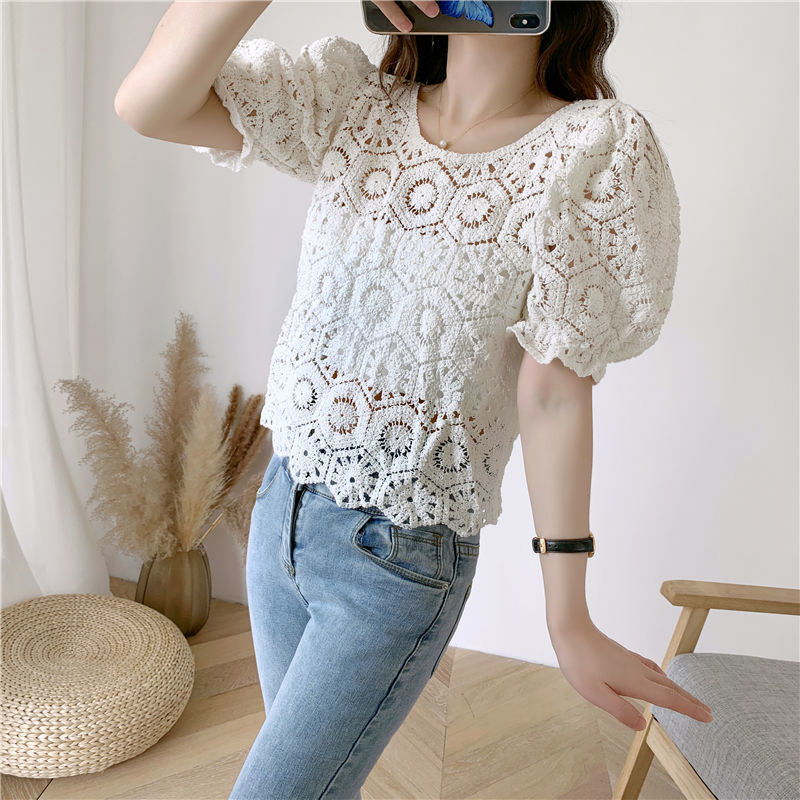 Chemisier à manches bouffantes au crochet amissié pour femme, chemise d'été, pull court, haut à la mode