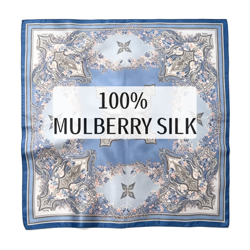 Foulard carré en soie de mûrier 100% motif floral baroque 50cm bleu, bandana de cou pour femme, accessoire de luxe pour sac, coiffure et bureau
