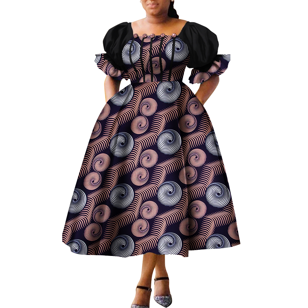 Robes de style africain pour femmes, robe de princesse Ankara, manches bouffantes, taille haute, vide, WY9970