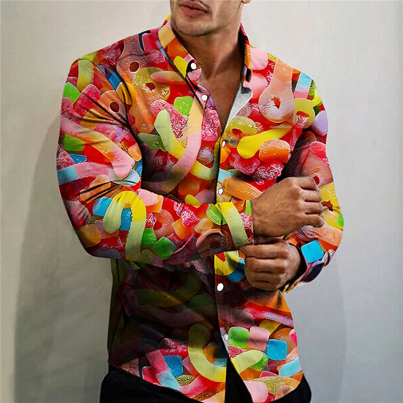 Chemise à manches longues à motif alimentaire pour hommes, revers imprimé, vêtements de rue décontractés, mode de créateur de rue, vêtements d'extérieur roses