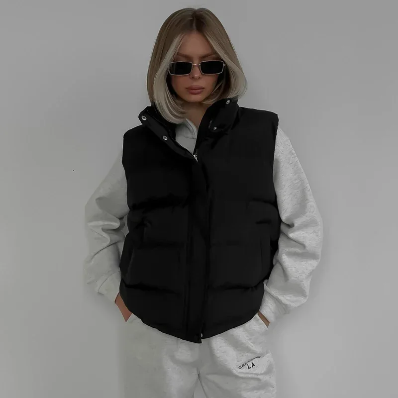 Gilets rembourrés à capuche avec fermeture éclair pour femmes, veste en fibre, gilets, parkas chaudes, manteau, streetwear à la mode, hiver