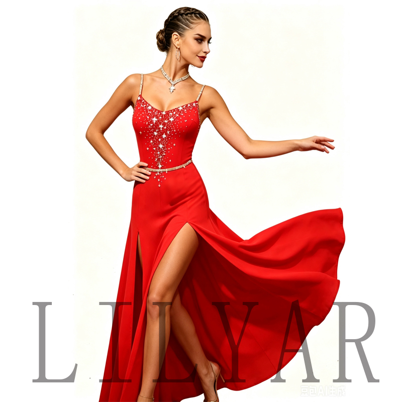 Nouvelle robe de flamenco rouge à fente haute pour performance, robe de danse Rumba brillante avec grande jupe pour concours de danse latine