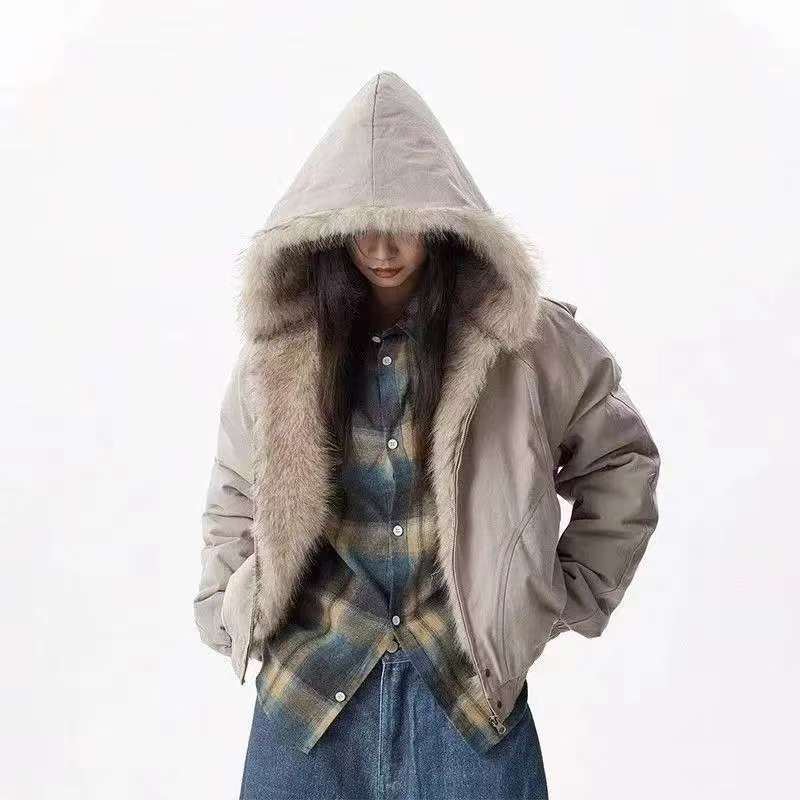 Veste d'optique d'hiver pour hommes, manteau surdimensionné Harajuku, col en laine rétro américain, haut en peluche de coton à capuche, rue, hip-hop, gothique