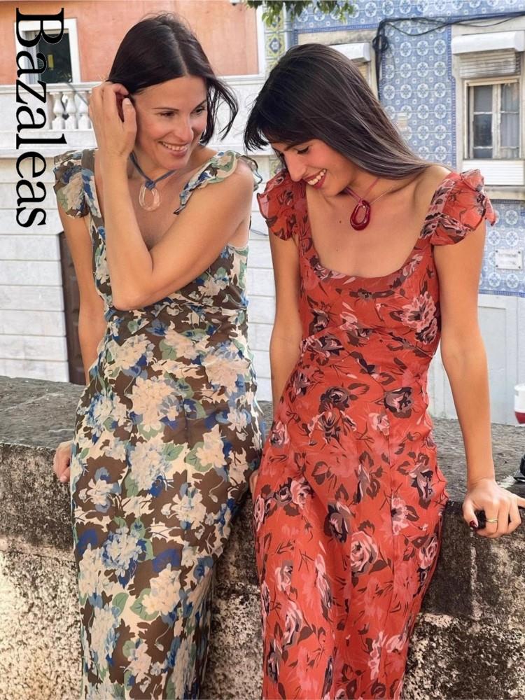 Bazaleas-Robe mi-longue à volants en mousseline de soie pour femmes, manches cape, imprimé floral rouge, vêtements d'été élégants, 2021