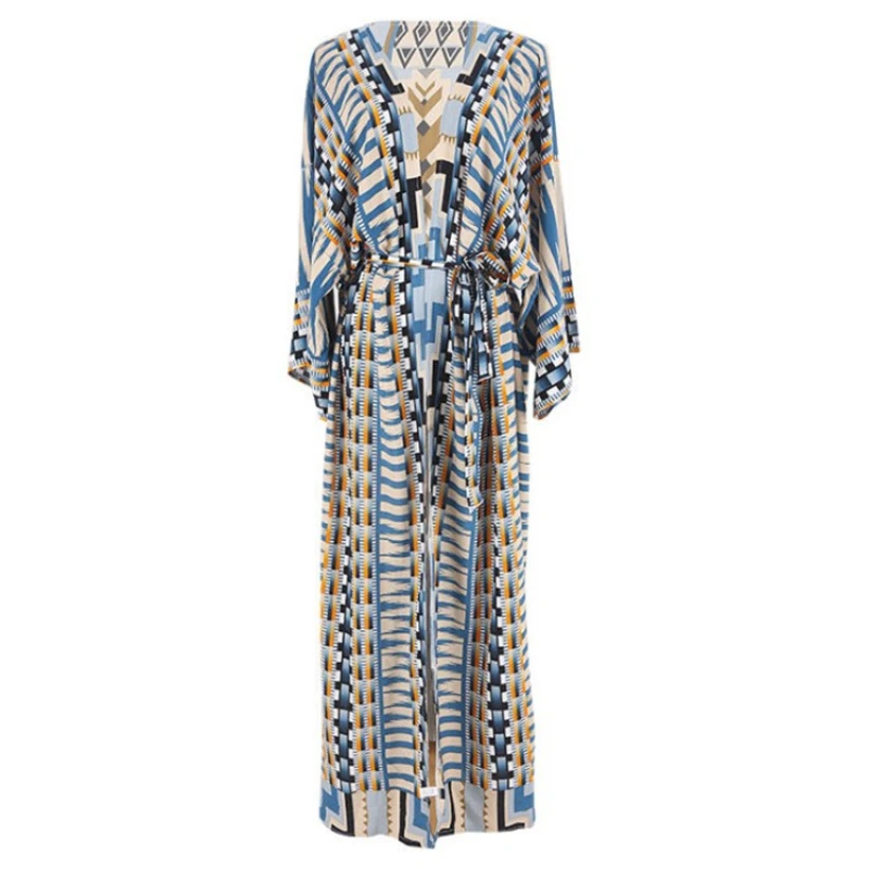AYUALIN-Robe cardigan kimono à imprimé ethnique pour femme, tunique à manches longues, robe éducative vintage, couverture de plage Boho, chemisier en coton beige