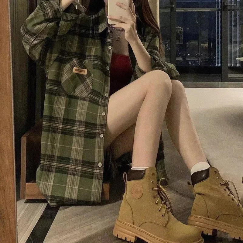 Chemise Tartan à manches longues pour femmes, col boutonné, surdimensionnée, à carreaux, veste Grunge, mode adolescente, tenue printemps été