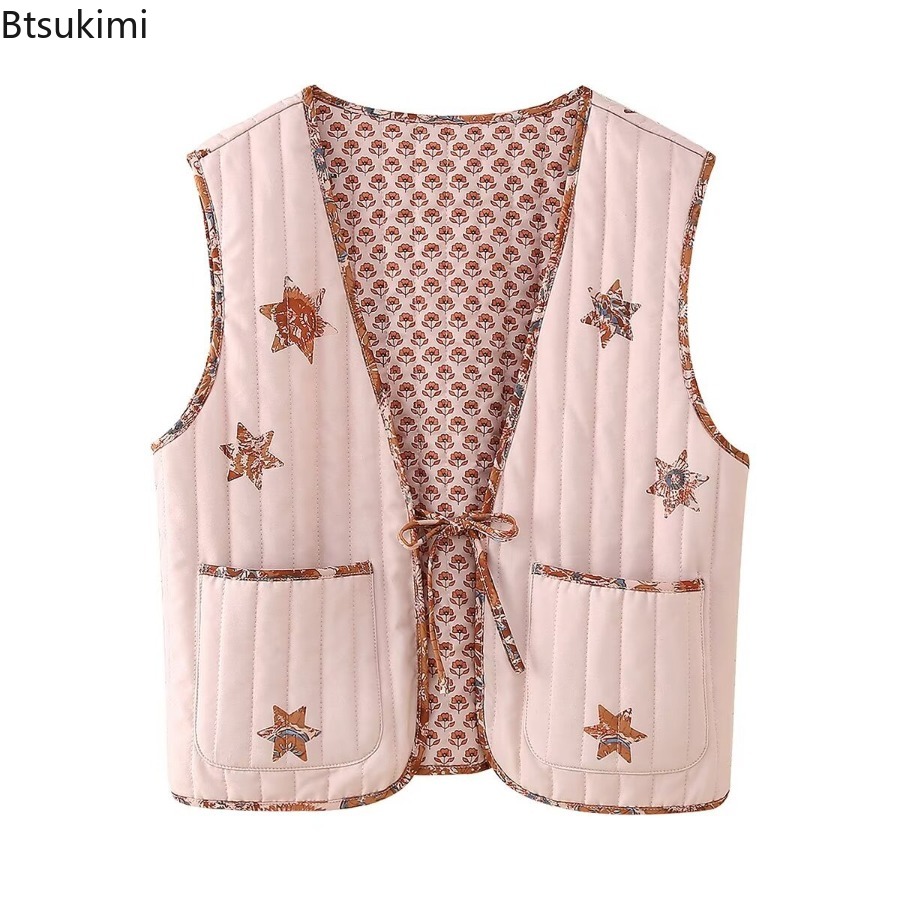 Gilets Double face à imprimé Floral pour femmes, sans manches, à nouer sur le devant, matelassés, vêtements d'extérieur d'automne, Vintage, élégants, décontractés
