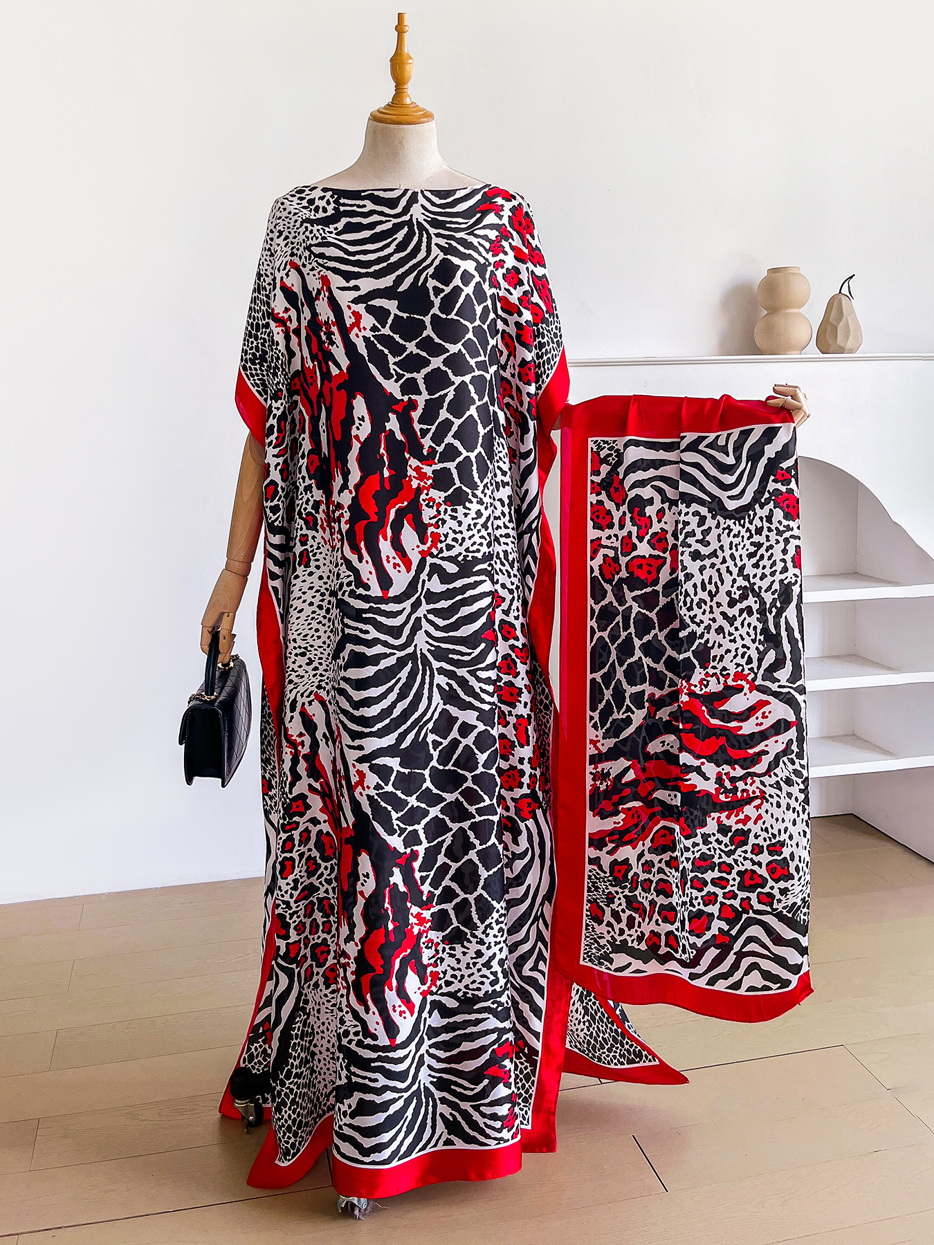 Abaya d'été bohème à imprimé animalier mixte avec foulard, robe maxi kaftan ample à manches chauve-souris pour femmes musulmanes africaines, tenue de plage et de vacances