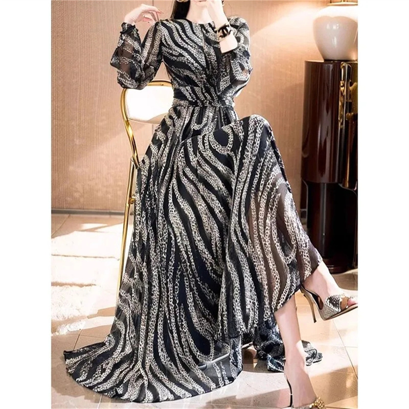 Tempérament à la mode élégant Socialite taille cintrée grande balançoire jupe longue Vnique belle Mature reine robe imprimée