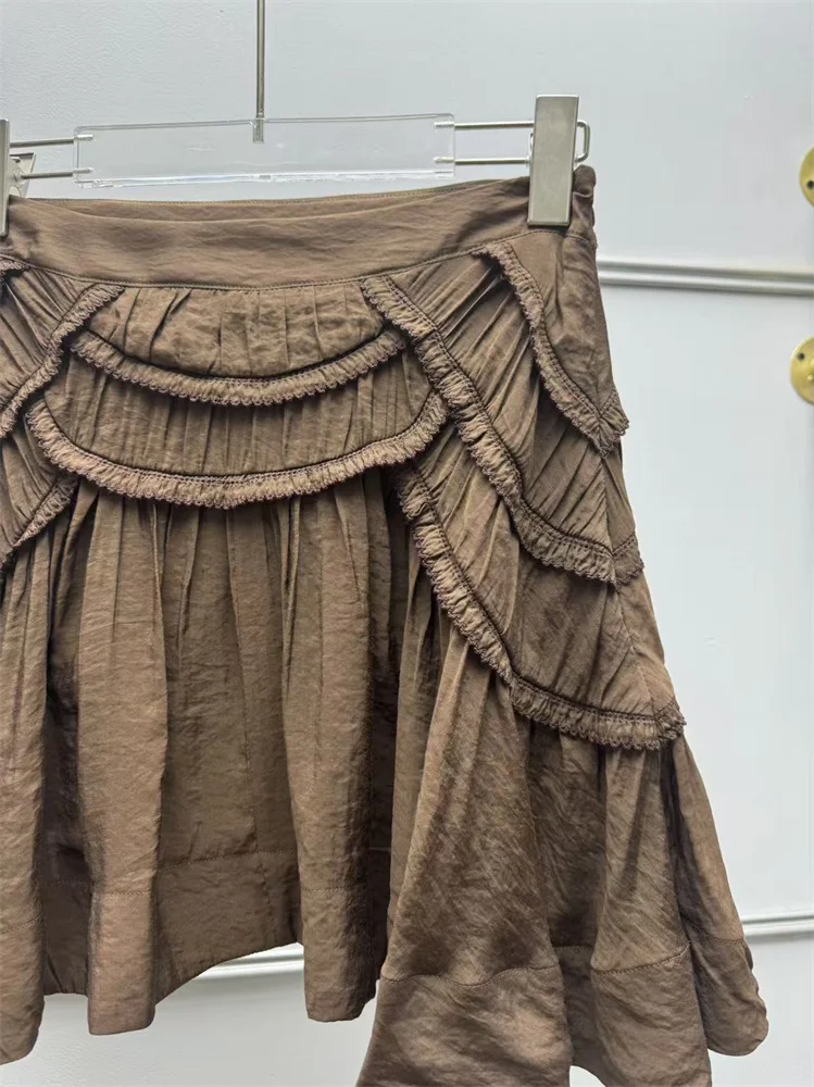 Chemise à manches courtes pour femmes françaises, bordure effilochée, boutons plissés, pull-over, haut ou mini-jupe taille haute en forme de A pour femme