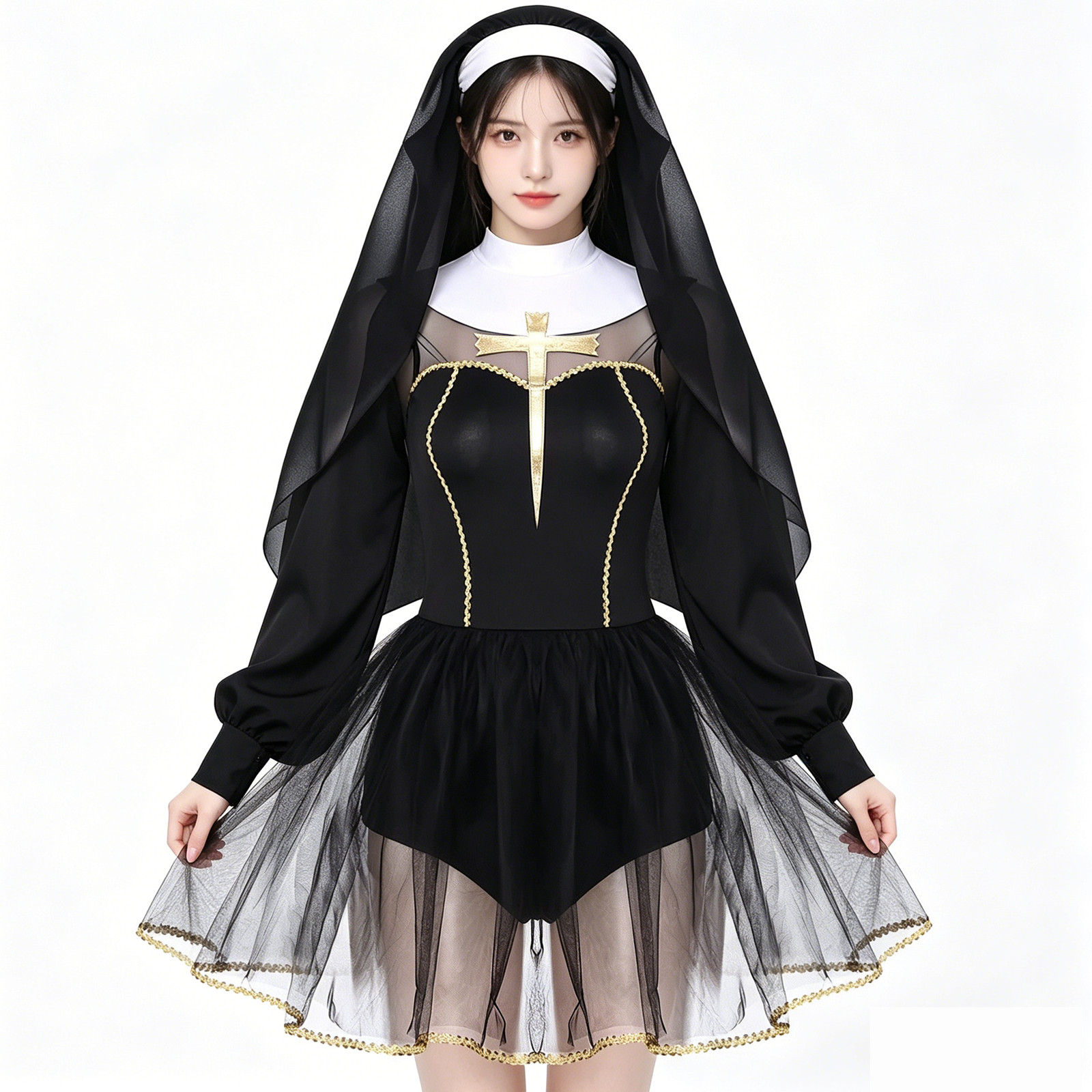 Robe de Cosplay de nonne d'halloween pour femmes, avec capuche en voile, tenue d'église traditionnelle religieuse d'halloween, déguisement de clergé pour sœur
