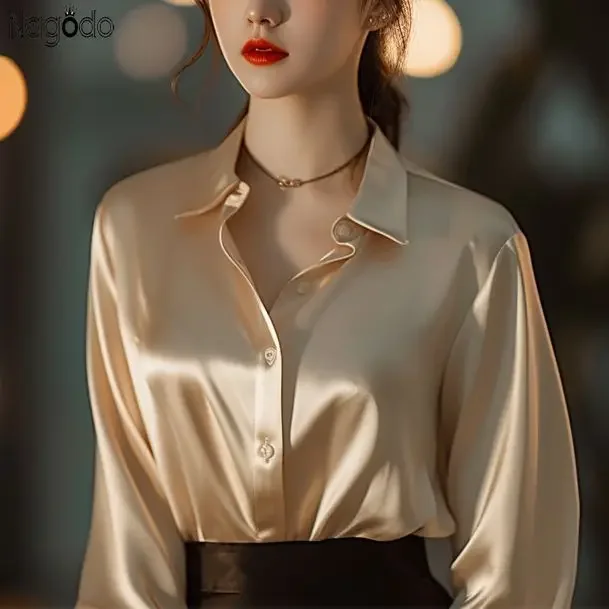 Été automne soyeux Satin chemise femmes 2024 Vintage Blouse à manches longues boutonné chemise bureau dame t-shirt dames chemise décontractée