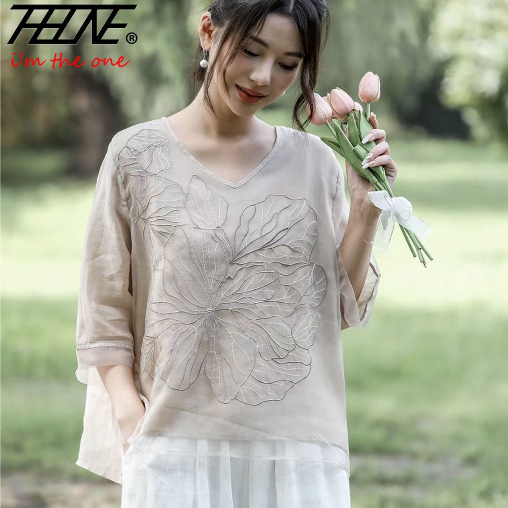 Chemisier brodé à col en V pour femmes, chemises d'été, coton, lin, solide, vintage, décontracté, vêtements