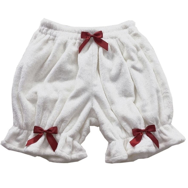 Short thermique en velours Lolita pour femme, pantalon bouffant, nœud à volants, Aliments adt, short en peluche
