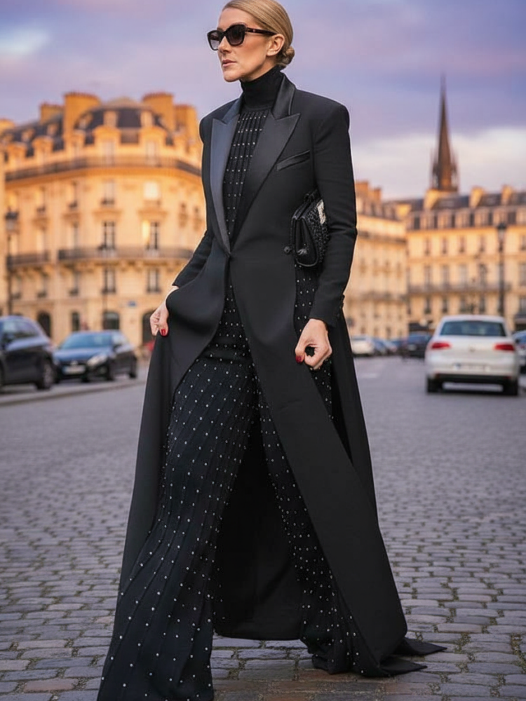 Blazer Élégant Femme Bonboho 2026 – Manteau Long Noir Uni à Manches Longues et Fente Latérale – Vêtement d'extérieur Formel pour Femme