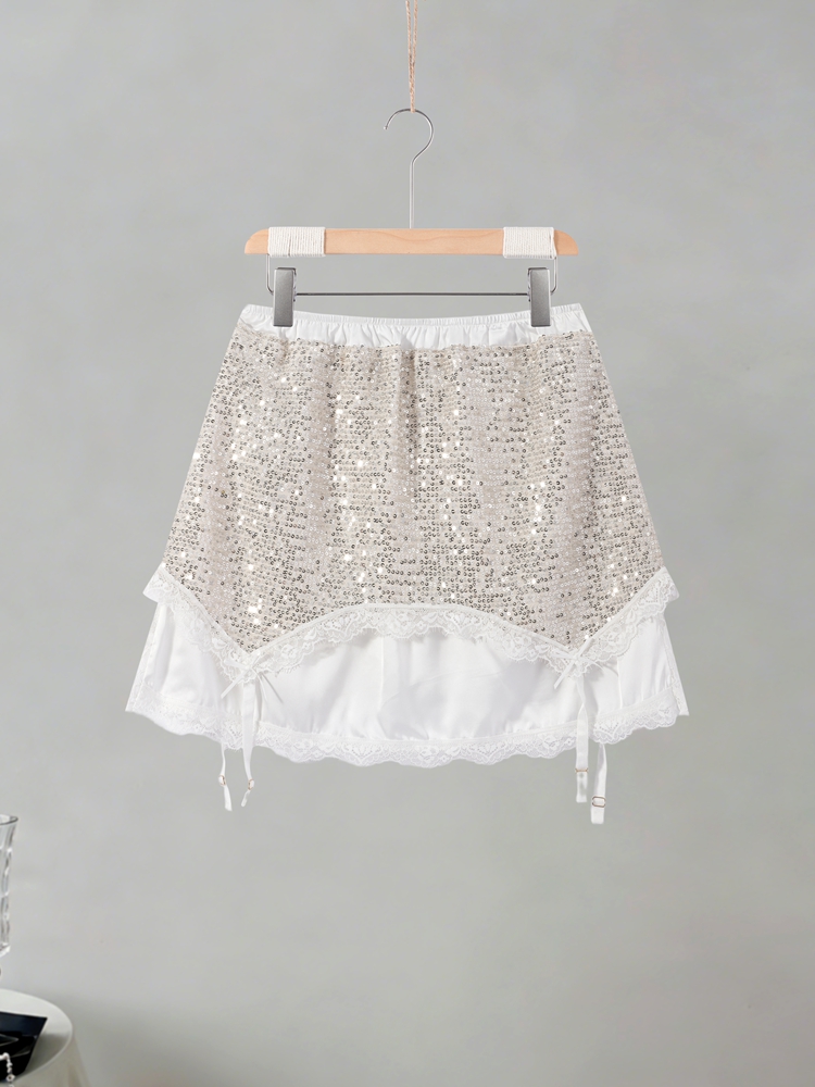 Ensembles sexy hauts à fines bretelles et mini-jupes pour femmes, avec patchwork en dentelle, haut court et tenues brillantes à sequins, Nouveauté 2026, Mode chic pour soirées