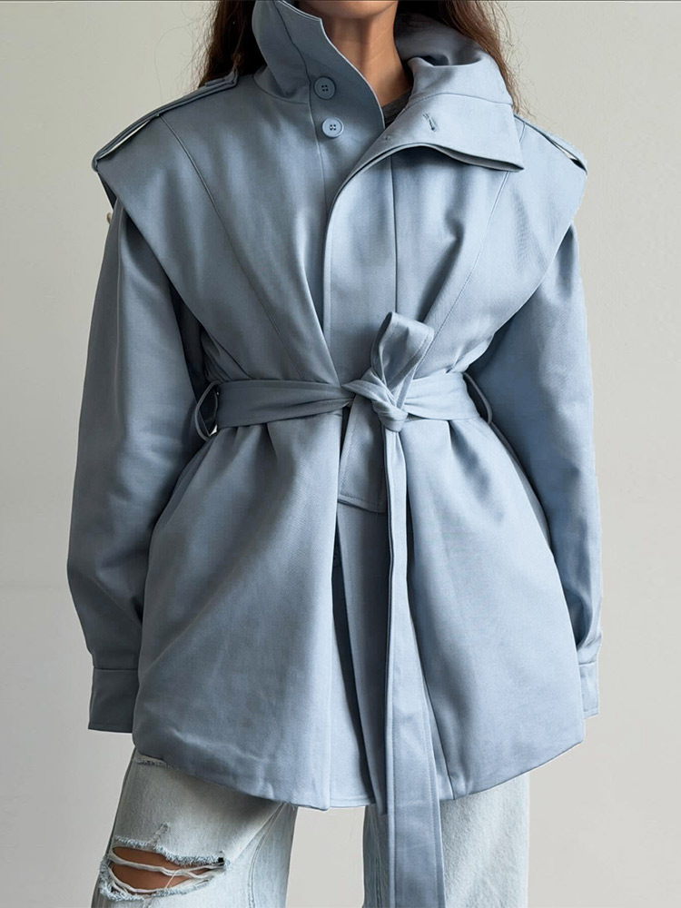 Manteau court à col châle pour femmes, ceinture à nouer à la taille, simple boutonnage, coupe ample, décontracté, en coton uni, veste chaude pour les trajets quotidiens.