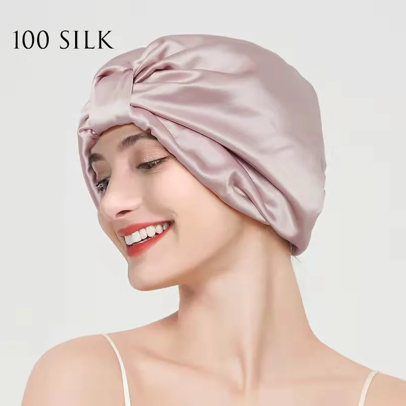 InjTurban pour femme, bonnet pour dormir, double couche, tête arrondie, mûrier, pur naturel, 19 Momme, 100