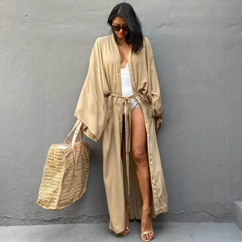 Robe de Plage Longue avec Ceinture pour Femme, Kimono Sexy, Cardigan d'Été, 5 Couleurs Unies