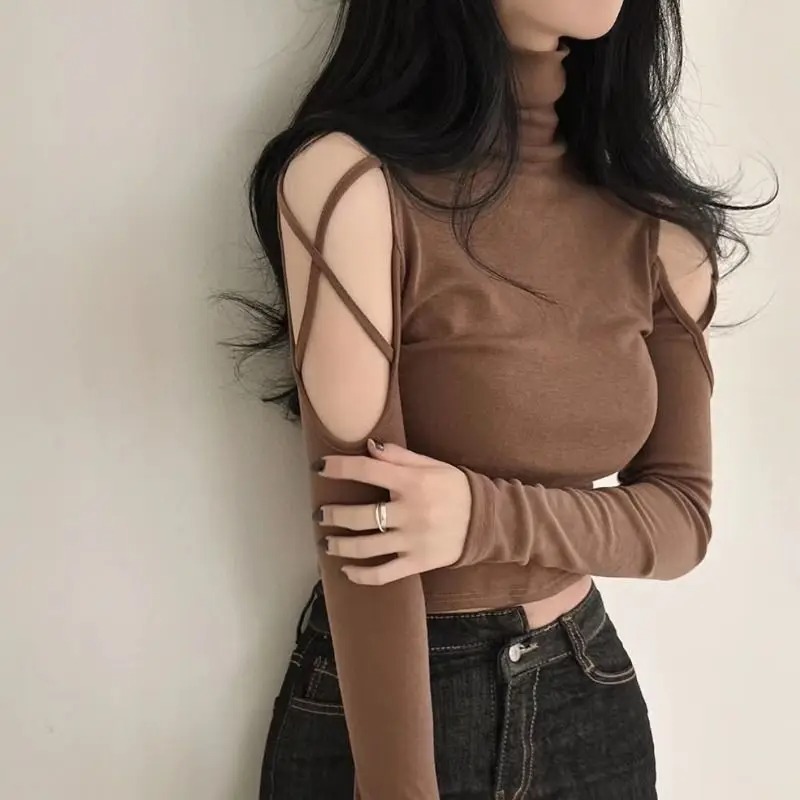Hauts femme mince épaules dénudées Sexy culture marron à manches longues t-shirt pour femmes col roulé vêtements femme Harajuku mode coréenne